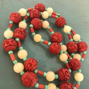 Vntg Cinnabar Coral & Yellow Stone Beads Necklace